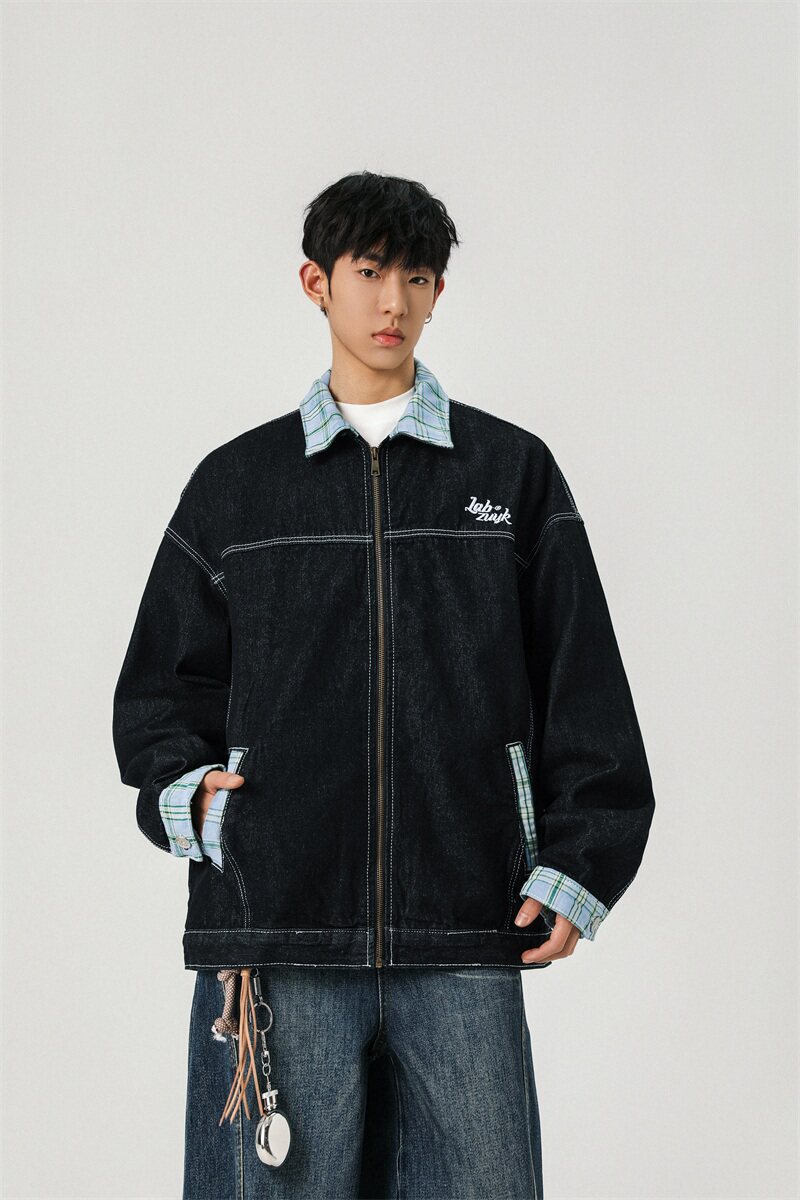 水洗复古牛仔外套格子撞色刺绣夹克男XZ1015-1-JK33666-特P68,男装夹克,星座1015-1