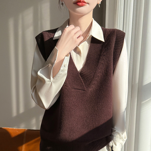高端纯羊毛马甲女士叠穿V领短款无袖羊绒背心针织打底衫毛衣坎肩