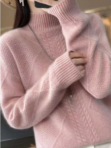 冬季新款加厚羊绒衫女半高领纯羊毛衫内搭保暖针织衫宽松提花毛衣