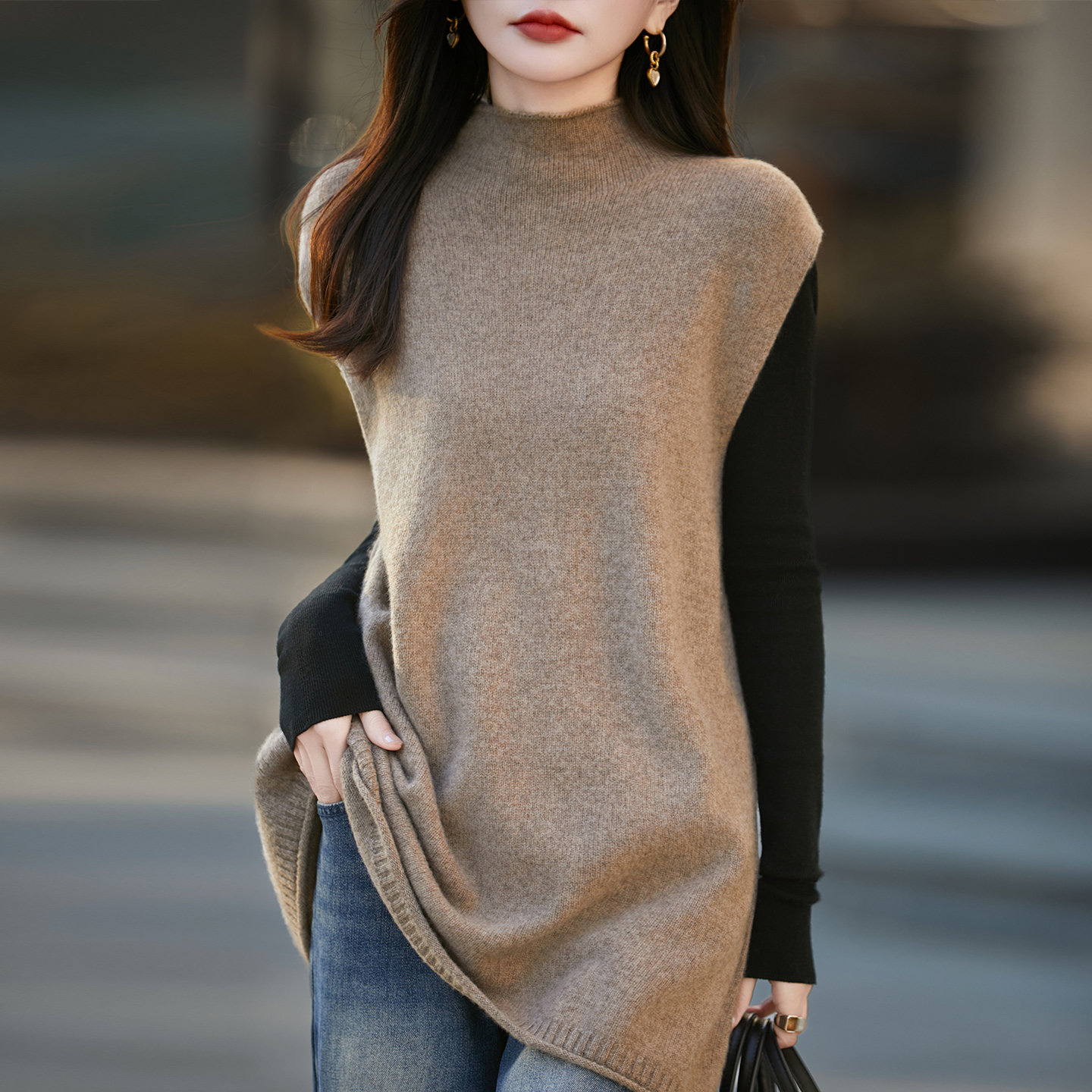 法式纯羊毛无袖中长款马甲女