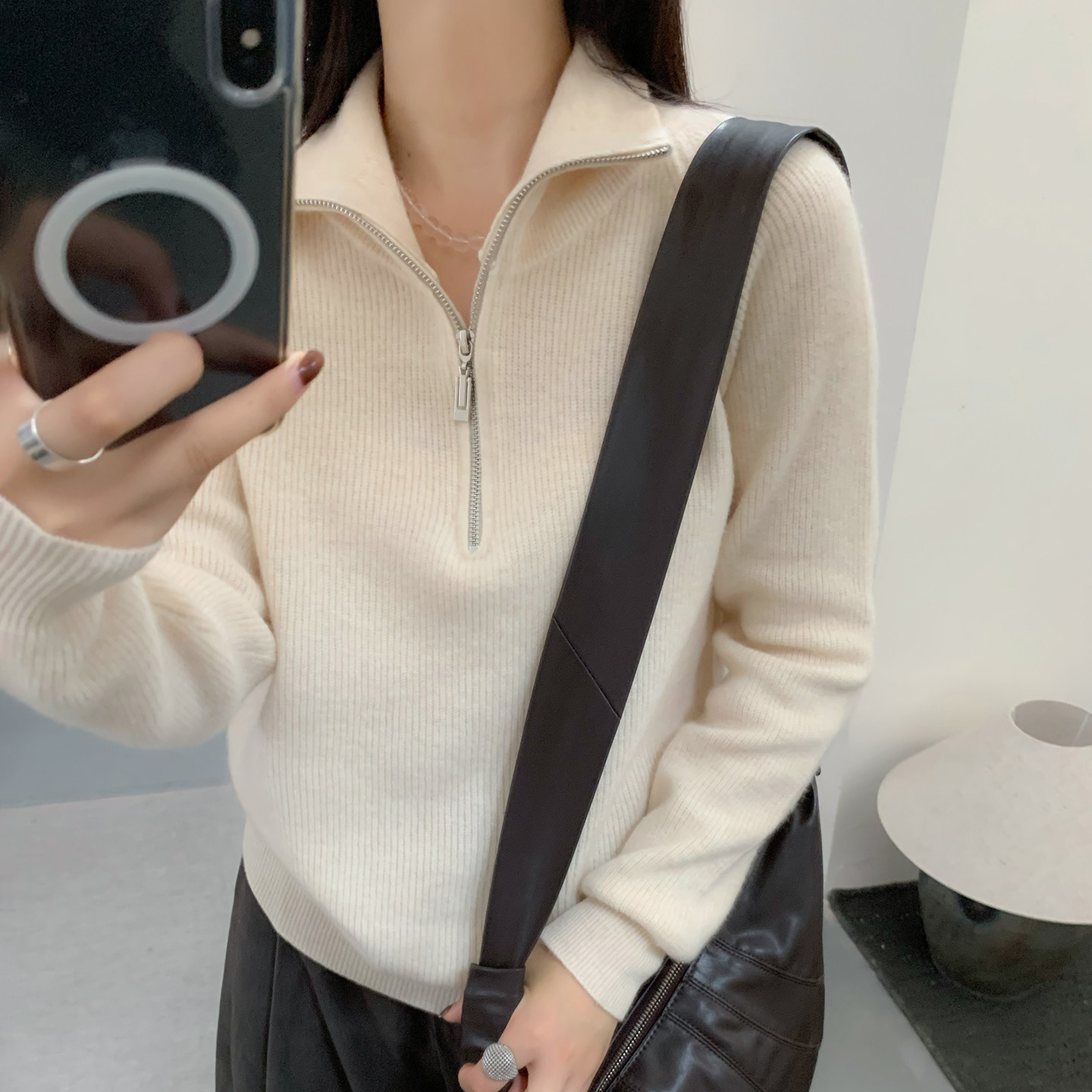 秋冬高领拉链纯羊毛衫女高领半开套头毛衣打底衫厚针织翻领衫