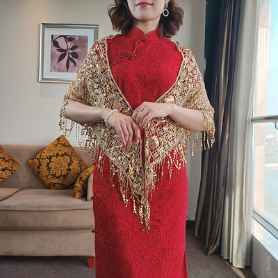 金色亮片流苏配旗袍婚礼三角巾