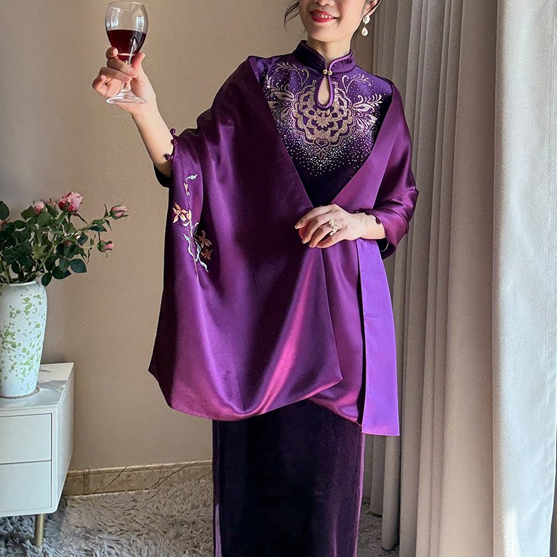 紫色高端醋酸缎面料披肩婚礼喜妈妈外搭旗袍礼服双层刺绣围巾斗篷