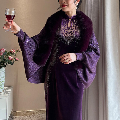 紫色旗袍礼服披肩婚礼喜妈妈小个子外搭高端婚宴婆婆斗篷皮草厚实