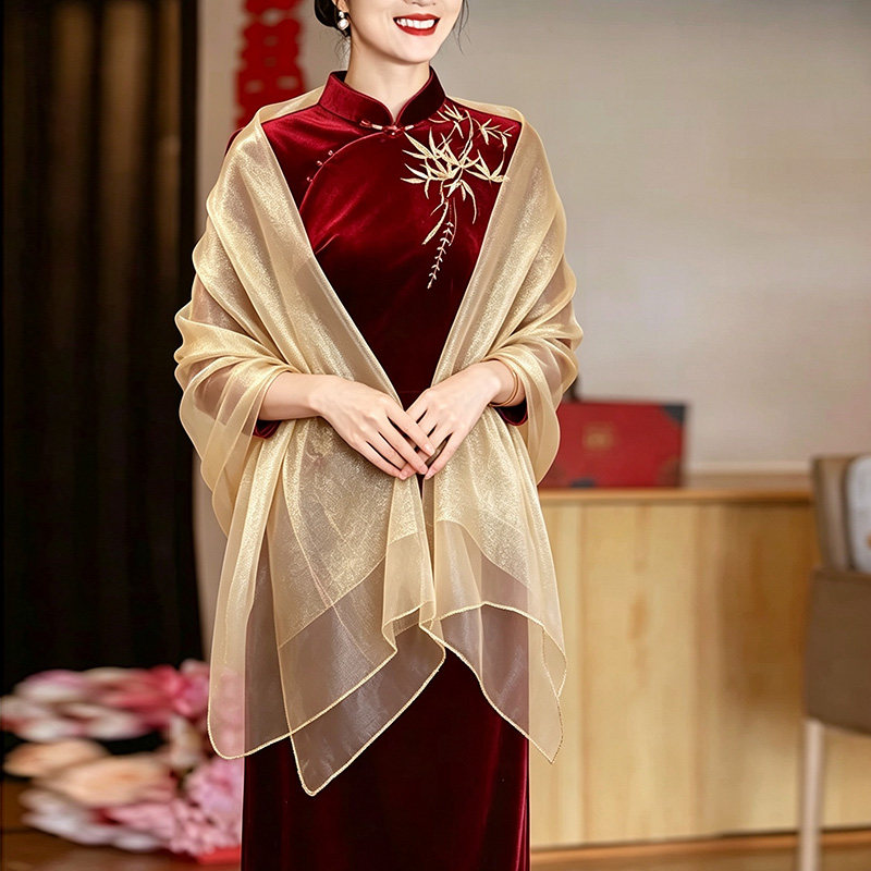 春秋金色披肩喜婆婆旗袍外搭年轻妈妈婚宴礼服薄纱巾洋气贵气气质