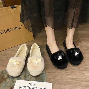 大码 女鞋 41到43宽胖脚秋冬外穿一脚蹬孕妇鞋 子女平底毛毛豆豆单鞋