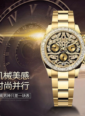 瑞士LingKe老虎迪手表男全自动机械表名牌正品防水黄金色镶钻男表