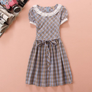 特价淑女复古风夏装裙子 初高中女生大学生甜美可爱格子连衣裙韩