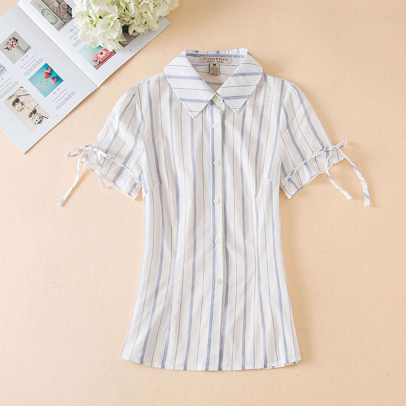 新款夏季女生显瘦小清新条纹短袖衬衫修身半袖上衣女学生开衫
