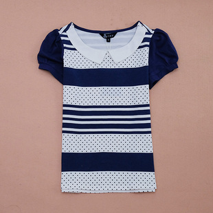 女孩全棉甜美娃娃领夏天短袖衫 韩版学生修身显瘦条纹T恤女