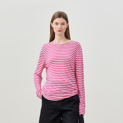 茉莉雅集盐系航海风经典日本料亚麻条纹T恤圆领长袖  WTX05058