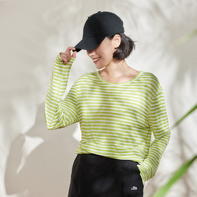 茉莉雅集盐系航海风经典日本料亚麻条纹T恤圆领长袖  WTX05058