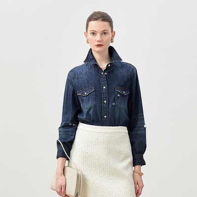 茉莉雅集高街休闲磨边土耳其全棉牛仔衬衫女WCS07042