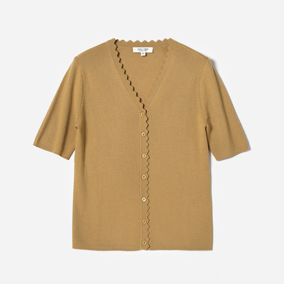 茉莉雅集花瓣领显瘦修身精纺全羊毛坑条中袖针织开衫WZK07092