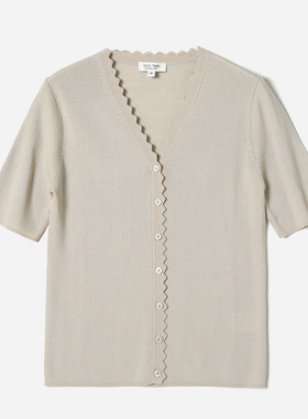 *茉莉雅集 花瓣领显瘦修身精纺全羊毛坑条中袖针织开衫WZK07092