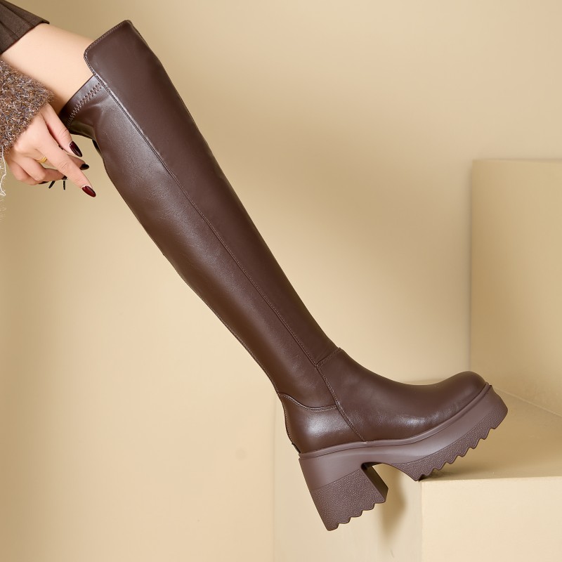 美拉德风过膝靴女粗跟高跟10cm