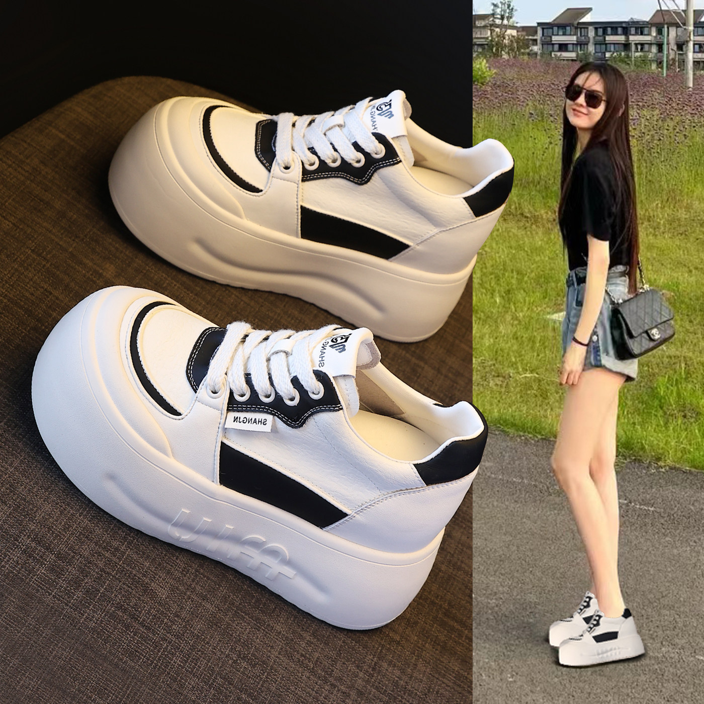 真皮面包小白鞋2026春季新款内增高10cm小个子百搭休闲松糕板鞋女