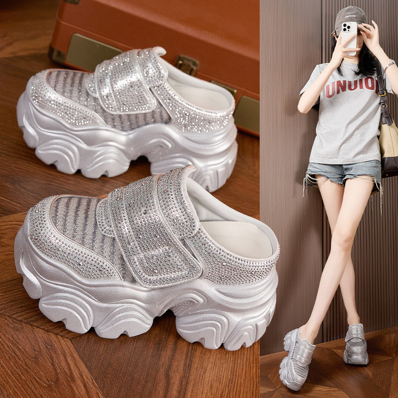 水钻包头半拖鞋女2025新款秋季时尚外穿增高百搭网面透气懒人女鞋,女鞋,包头拖,淘宝优惠券,粉丝福利购,淘宝优惠卷