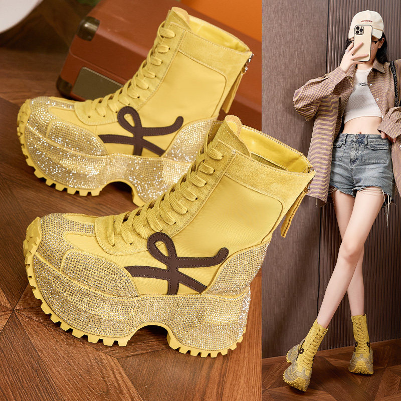时装靴厚底内增高水钻高帮短靴