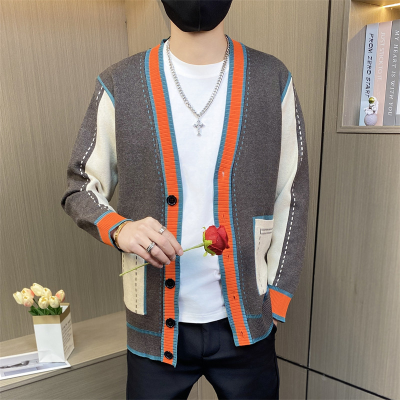 78978-P65社会小伙男士针织开衫春秋款时尚潮流拼色V领毛衣外套,男装针织衫/毛衣,电商D310B