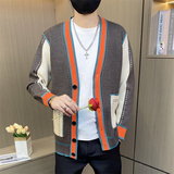 78978-P65社会小伙男士针织开衫春秋款时尚潮流拼色V领毛衣外套，男装针织衫/毛衣，电商D310B