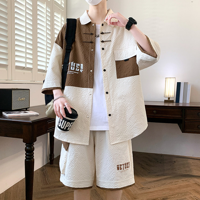 TZ24315-特P55衬衫男短袖夏季套装潮牌休闲新拼接衬衣男一套搭配,男装衬衫,电商D310B