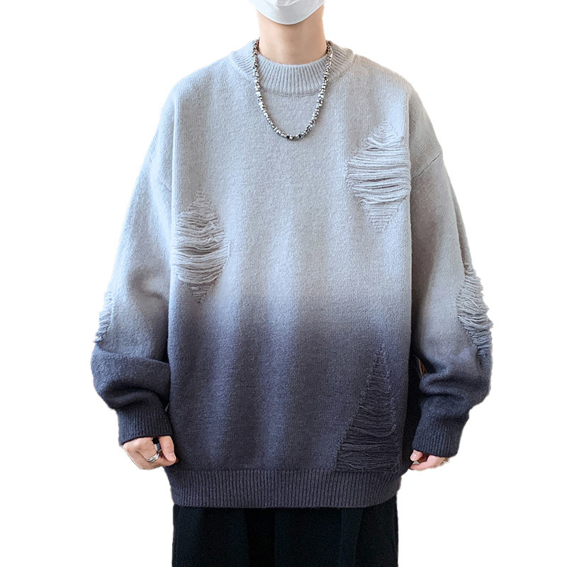 84780-特P70渐变色毛衣男款秋冬季潮流破洞打底针织衫男慵懒宽松,男装针织衫/毛衣,电商D310B