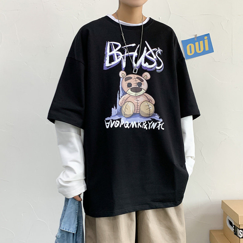 中性风8519-P45假两件卫衣男韩版宽松潮流圆领套头衫港风ins百搭图片