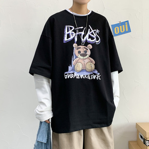 中性风8519-P45假两件卫衣男韩版宽松潮流圆领套头衫港风ins百搭图片