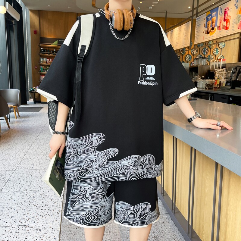 84356-特P50短袖体恤短裤男时尚百搭套装宽松港式潮牌短套,男装休闲套装,电商D310B