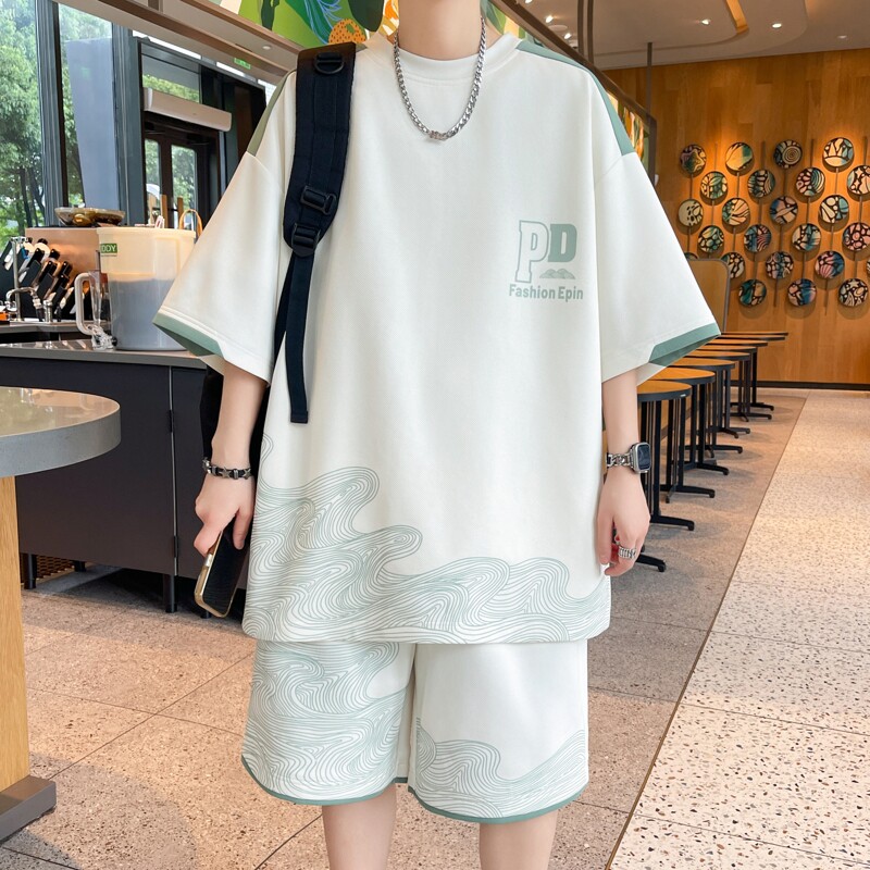 84356-特P50短袖体恤短裤男时尚百搭套装宽松港式潮牌短套,男装休闲套装,电商D310B