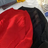 8302-特P58破洞毛衣秋冬季加厚男宽松大码圆领针织衫毛线衣，男装针织衫/毛衣，电商D310B