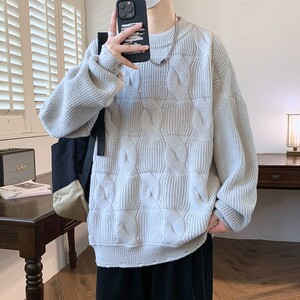 84510-P55 慵懒风毛衣男秋冬季圆领针织衫男士潮牌麻花打底衫加厚图片