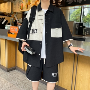 84315-特P55薄款套装男潮流痞帅休闲拼色短袖衬衫短裤两件套男装图片