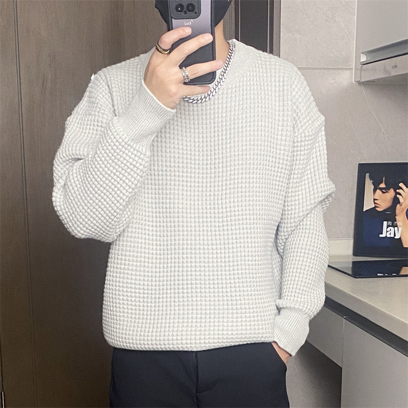 二开M895-特P55重磅华夫格圆领毛衣男女纯色宽松加厚百搭针织衫,男装针织衫/毛衣,电商D310B