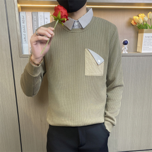 W3163-P75控98社会小伙假两件卫衣男士春季新款潮流衬衫领长袖t恤图片