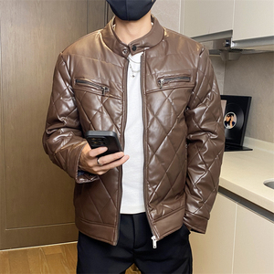 68708-P115菱形格高级感PU皮棉服男保暖防风机车棉衣工装棉袄潮图片