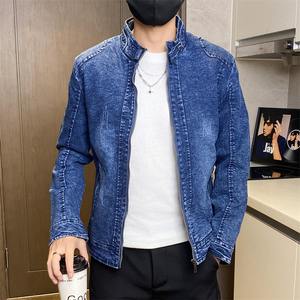 JK1826-P100牛仔夹克男立领水洗复古修身潮流男士机车服外套图片