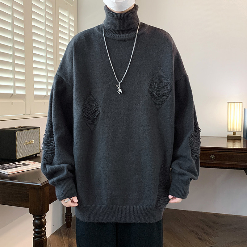 76230-P55撞色高领毛衣男士冬季新款加绒针织打底衫慵懒风线衣,男装针织衫/毛衣,电商D310B