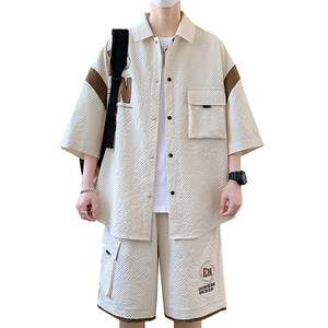 TZ24317-特P55衬衫套装男夏季宽松休闲拼接短袖男士短裤搭配图片