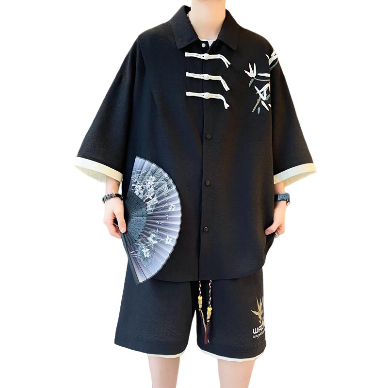 TZ24323-特P60中式编织盘扣短袖衬衫短裤套装运动休闲两件套,男装休闲套装,电商D310B