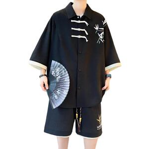 TZ24323-特P60中式编织盘扣短袖衬衫短裤套装运动休闲两件套图片