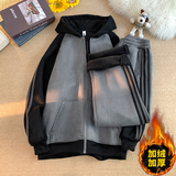 TZ991-特P105潮牌情侣卫衣男冬加绒加厚条纹连帽衫女宽松卫裤，男装卫衣，电商D310B