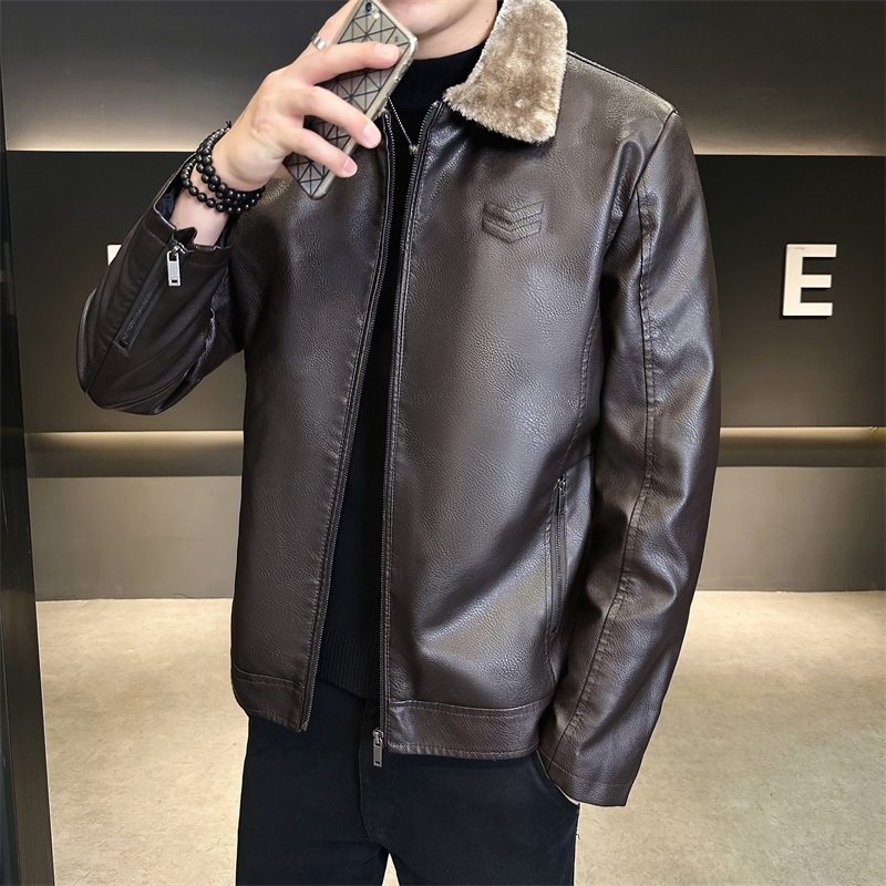 JK117-P90皮毛一体PU皮韩版翻领皮夹克商务休闲加绒加厚皮外套,男装皮衣,电商D310B