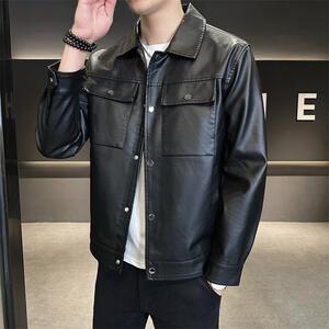 JK685-P100PU皮衣外套男纯色秋冬季翻领修身休闲皮夹克短款图片