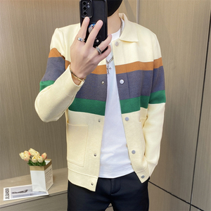 M3879-P75社会小伙 韩版潮流毛衣外套男春秋款翻领针织开衫夹克男图片