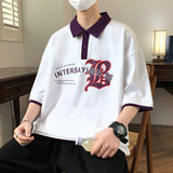84062-P40拼接夏季男潮流宽松港风短袖T恤五分袖翻领衫t恤，男装T恤，电商D310B