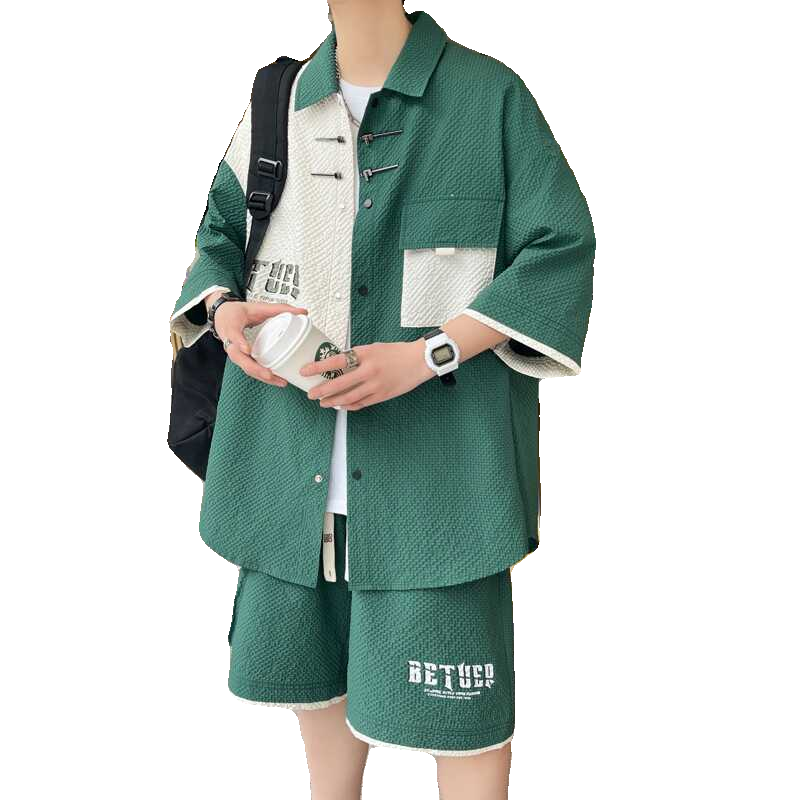 84315-特P55薄款套装男潮流痞帅休闲拼色短袖衬衫短裤两件套男装,男装休闲套装,电商D310B