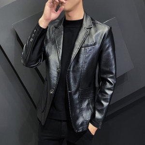 皮夹克男潮流修身翻领皮衣西服英伦时尚皮西装春秋外套