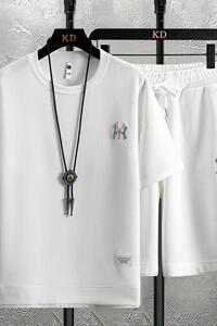 7538-P55华夫格套装男夏季潮牌潮流ins运动男装搭配一套休闲情侣图片